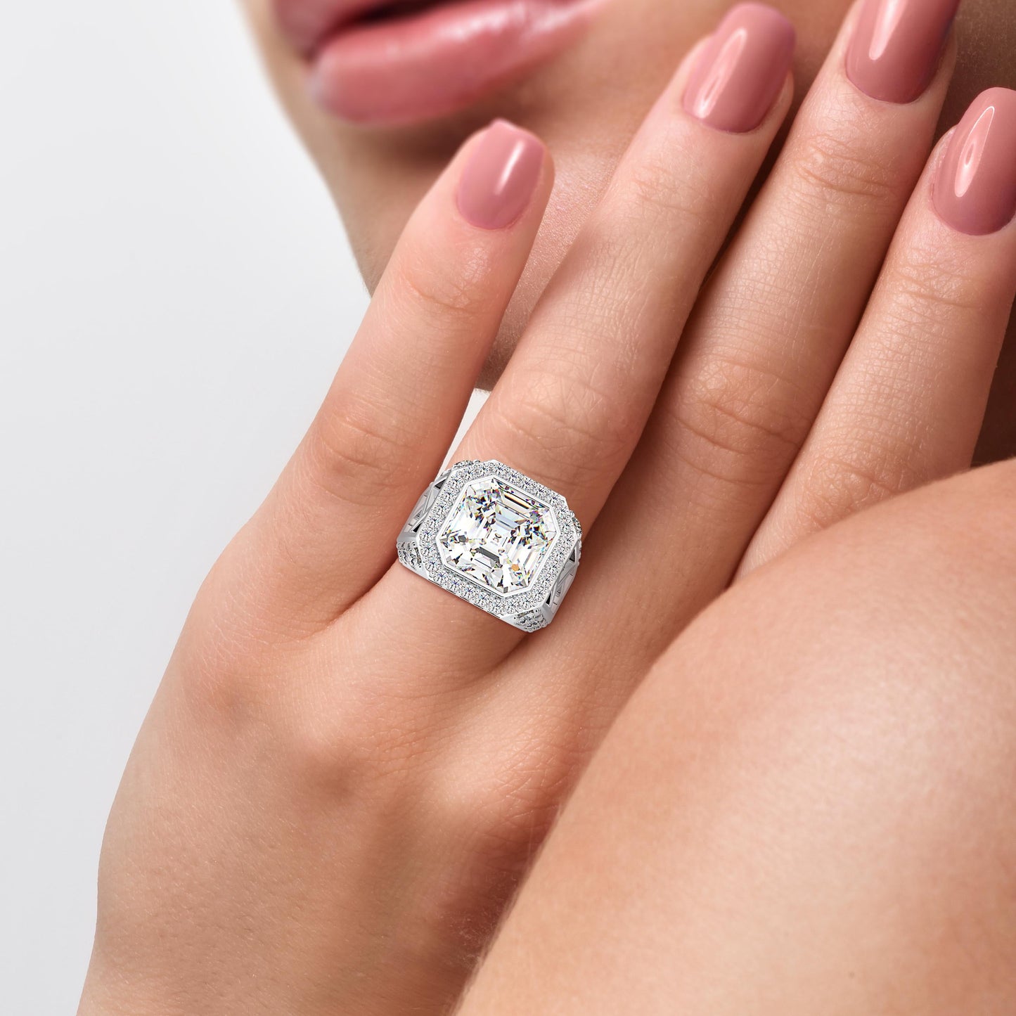 Asscher Halo Diamond Ring Platinum